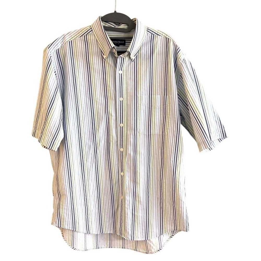 Austin Reed Seersucker Blue Green Striped Short Sleeve Preppy Summer Shirt Large - Picture 2 of 4